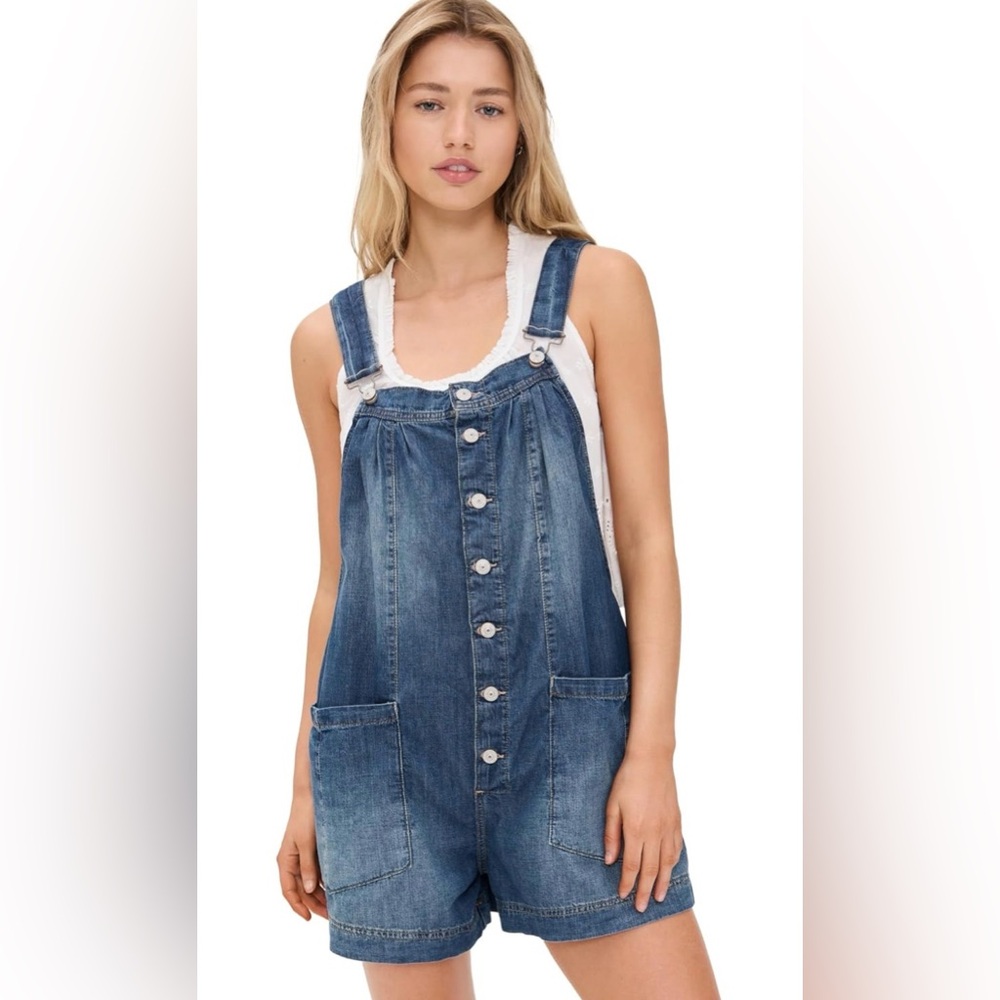 Free People Blue Denim Button-Front Short Overalls - S